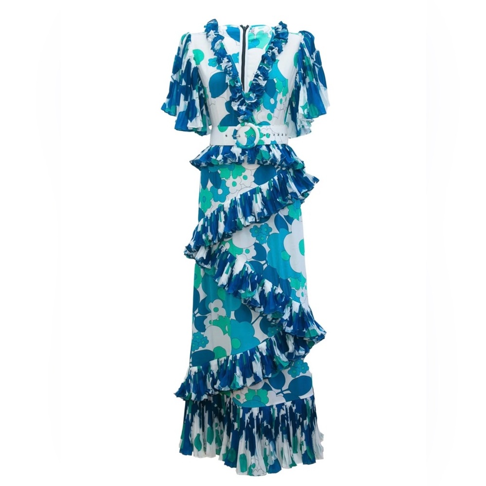 CeliaB Zafiro Floral Ruffle Belted Maxi Dress in Blue and White